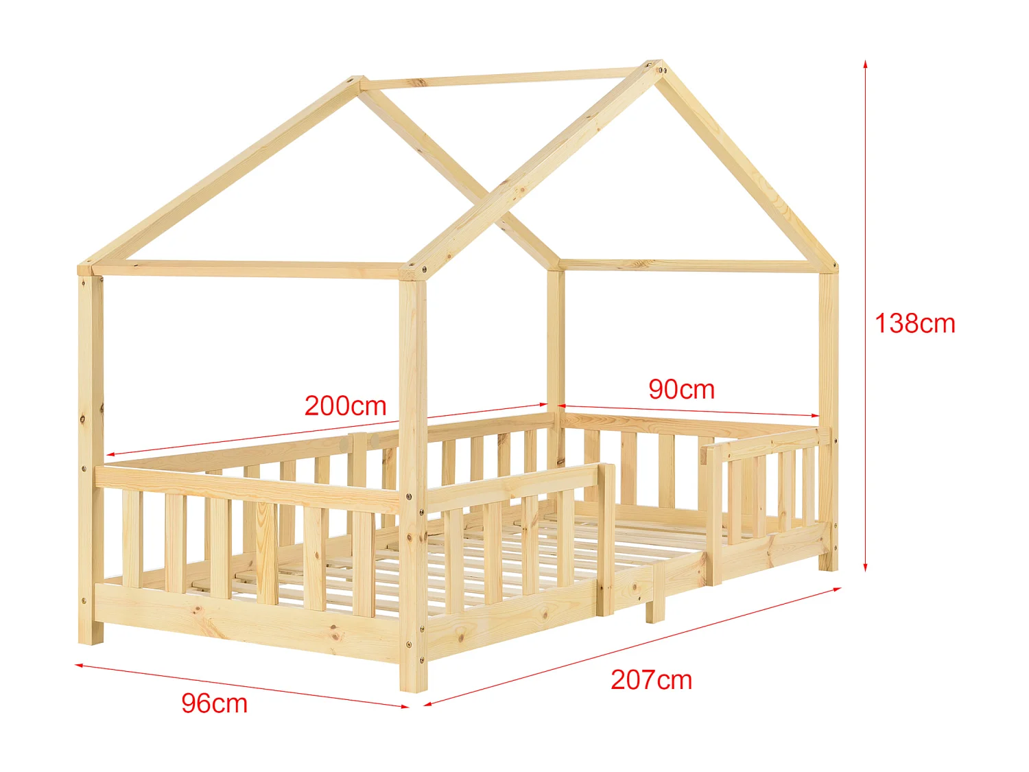 Lit d'Enfant Forme Maison avec Grille de Protection Treviolo 200 x 90 cm Bois naturel [en.casa]