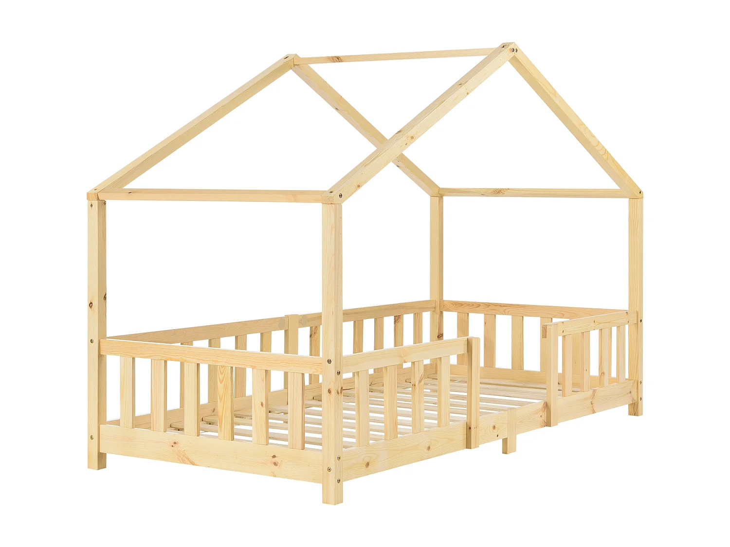 Lit d'Enfant Forme Maison avec Grille de Protection Treviolo 200 x 90 cm Bois naturel [en.casa]