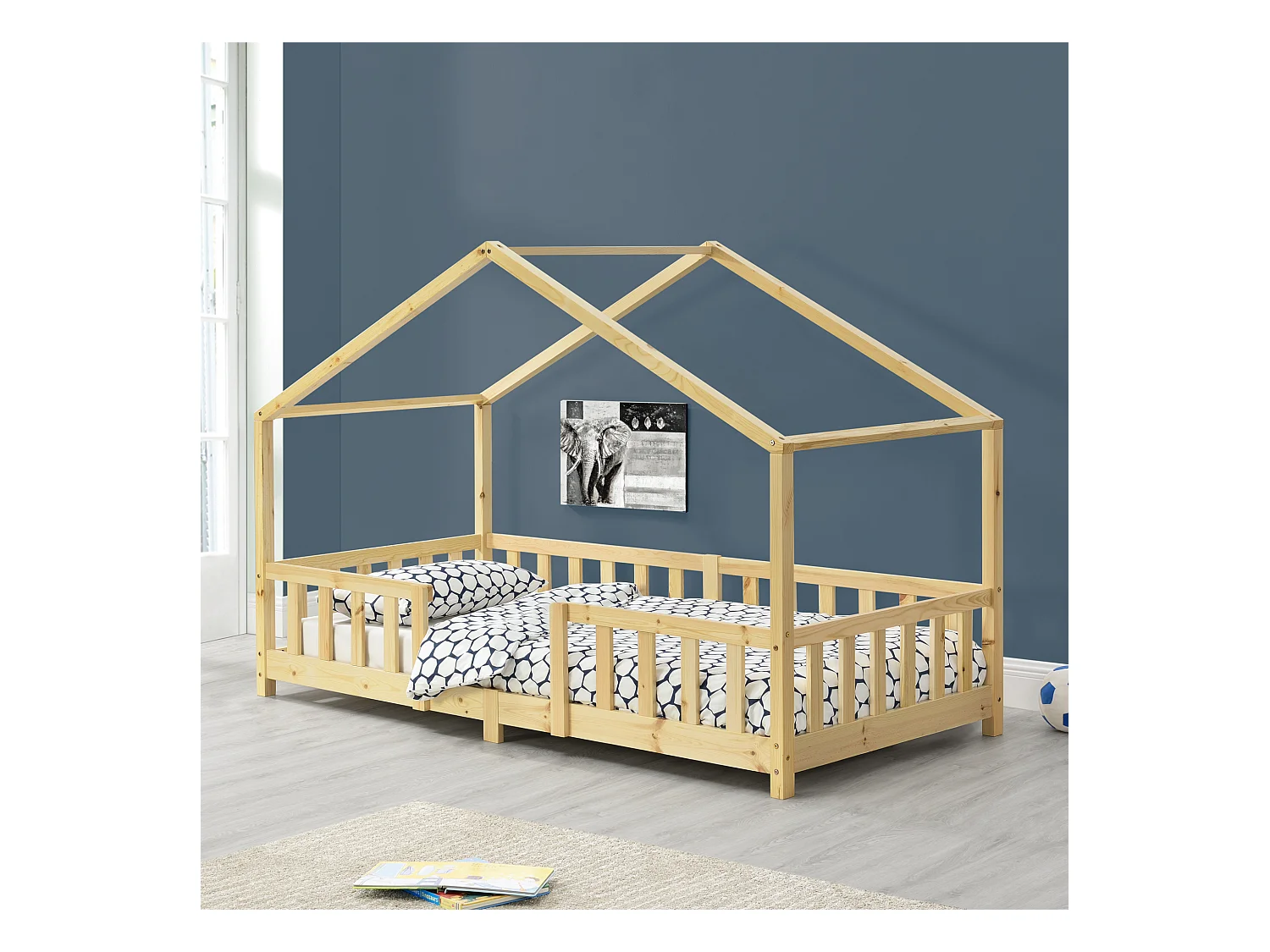 Lit d'Enfant Forme Maison avec Grille de Protection Treviolo 200 x 90 cm Bois naturel [en.casa]
