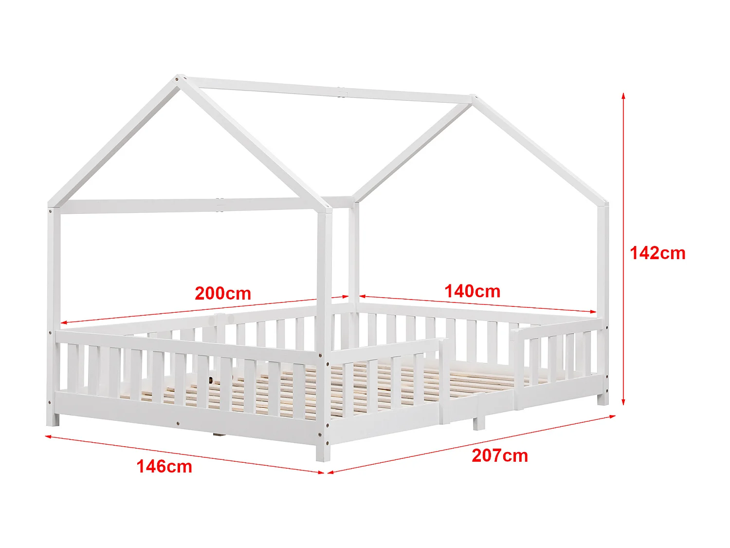 Lit d'Enfant Design Forme Maison Sisimiut Pin 200 x 140 cm Blanc Mat Laqué [en.casa]