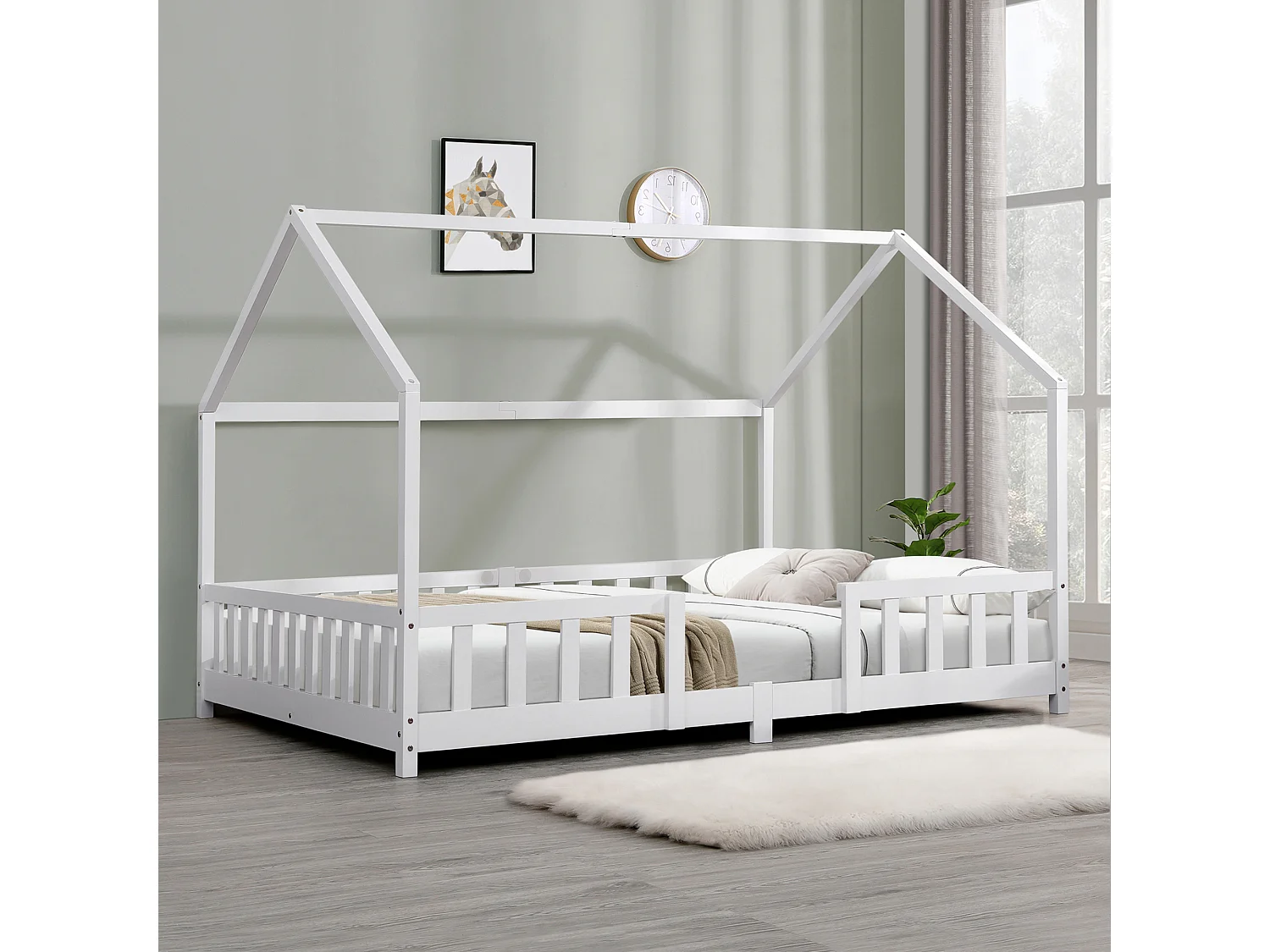 Lit d'Enfant Design Forme Maison Sisimiut Pin 200 x 140 cm Blanc Mat Laqué [en.casa]