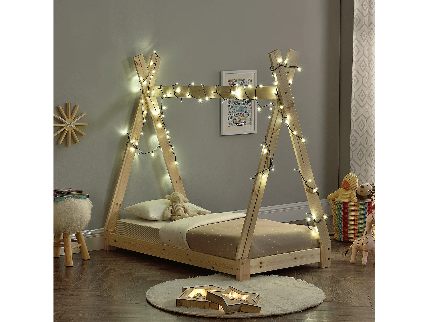 Lit de Tipi pour Enfant Onejda Bois Naturel 140 x 70 cm [en.casa]