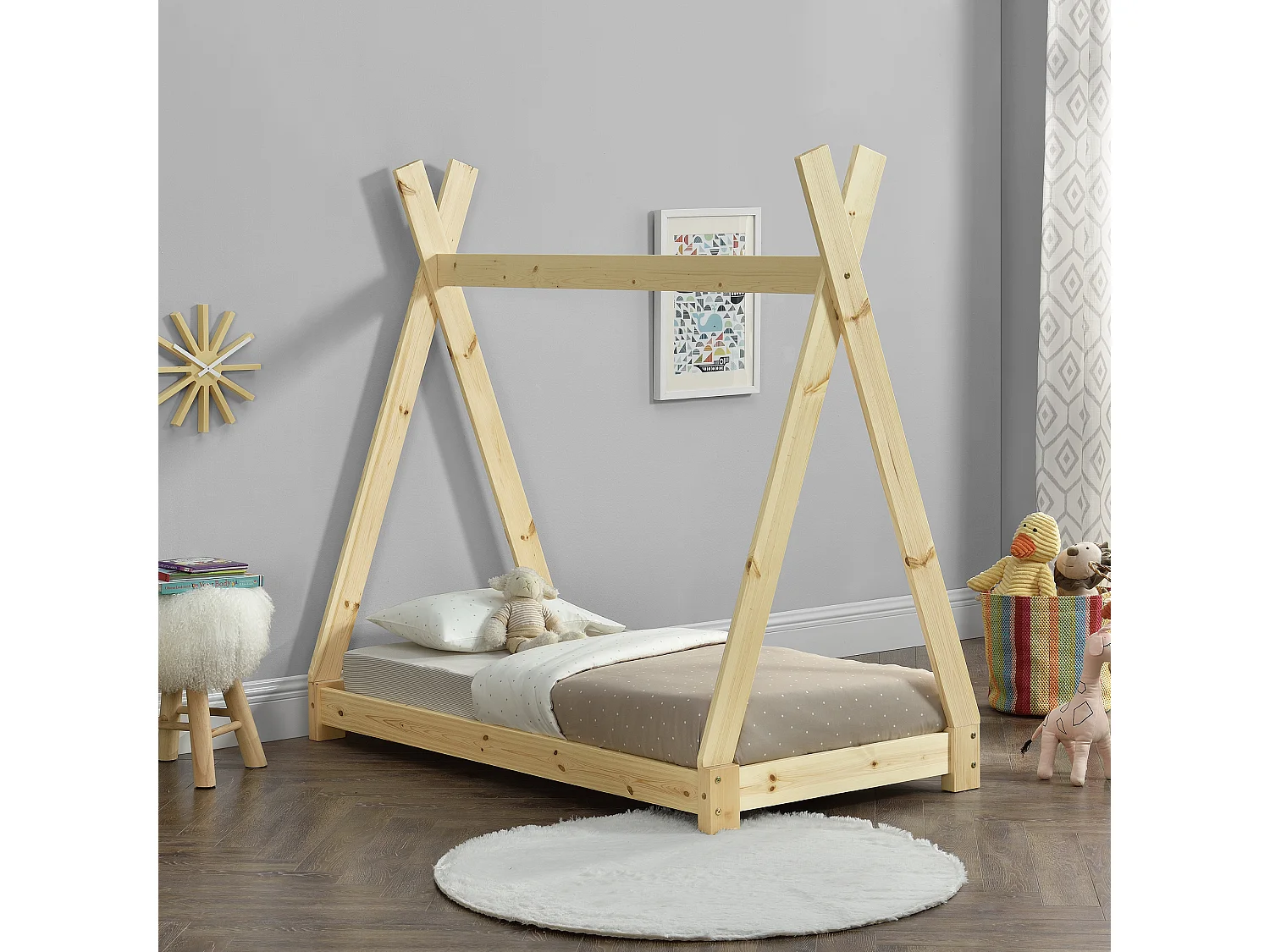 Lit de Tipi pour Enfant Onejda Bois Naturel 140 x 70 cm [en.casa]