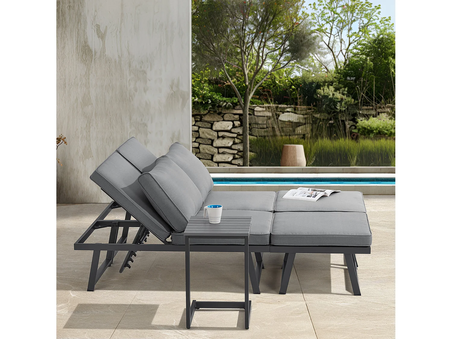 Salon de jardin SVITA GRENADA 4 pièces chaise longue double structure en métal noir/gris