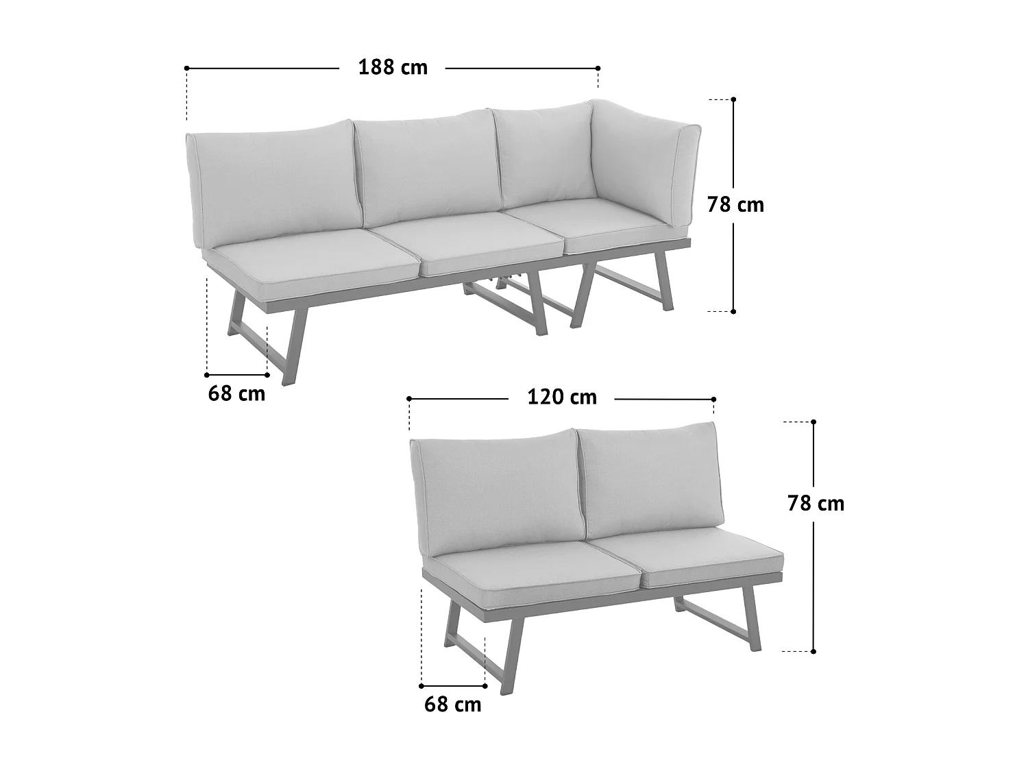 Salon de jardin SVITA GRENADA 4 pièces chaise longue double structure en métal noir/gris