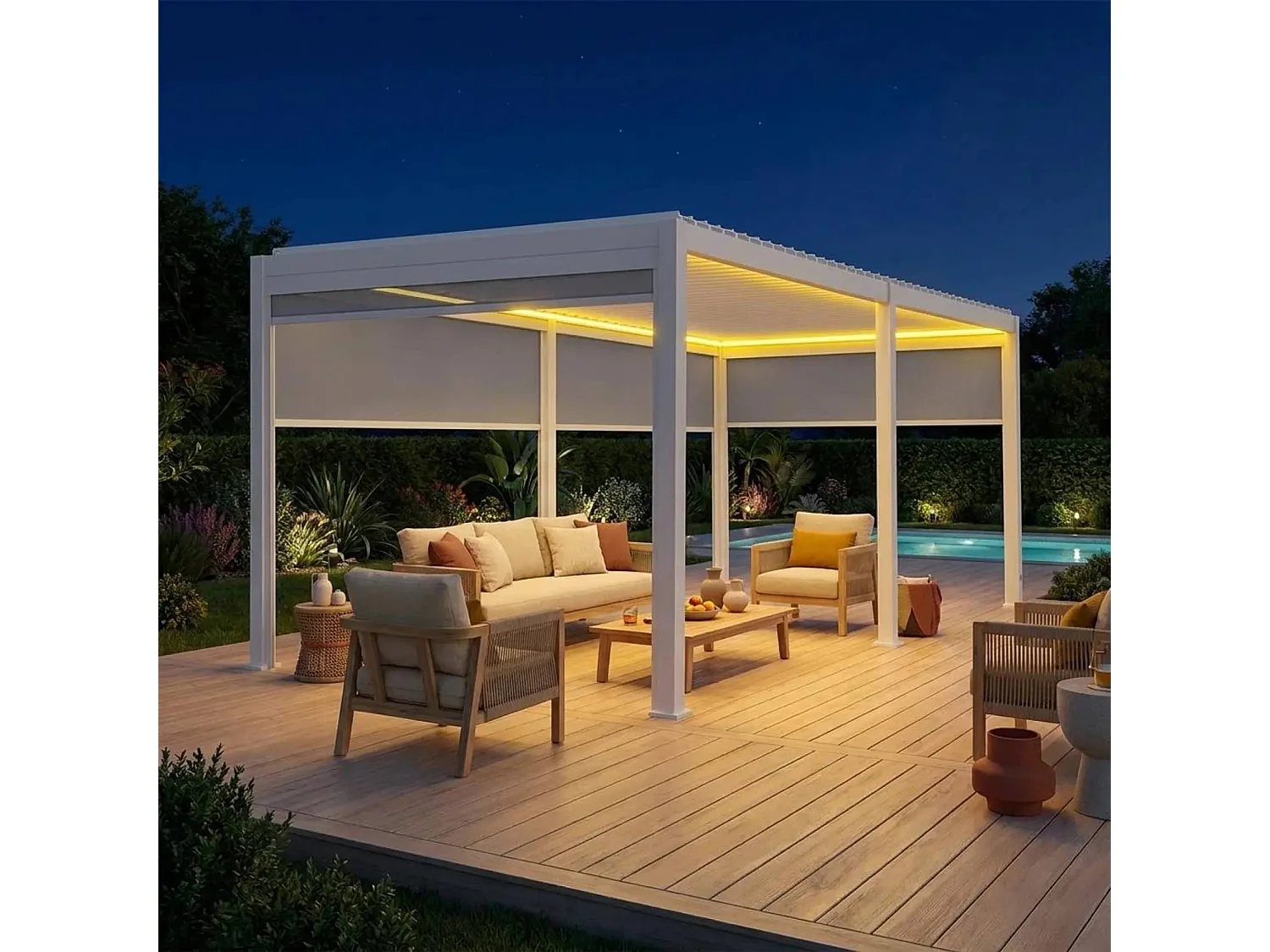 Pérgola bioclimática eléctrica de aluminio con led 3x6m  + 4 toldos de