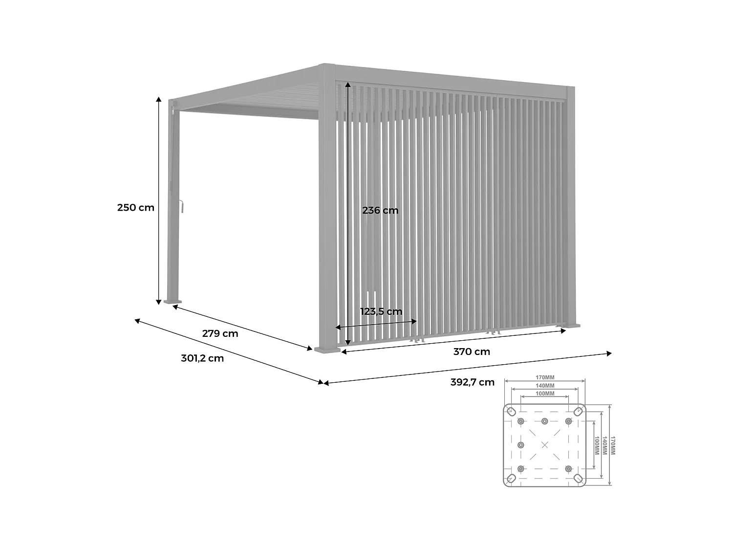 Pérgola bioclimática de aluminio 3x4m + 3 persianas verticales 130cm