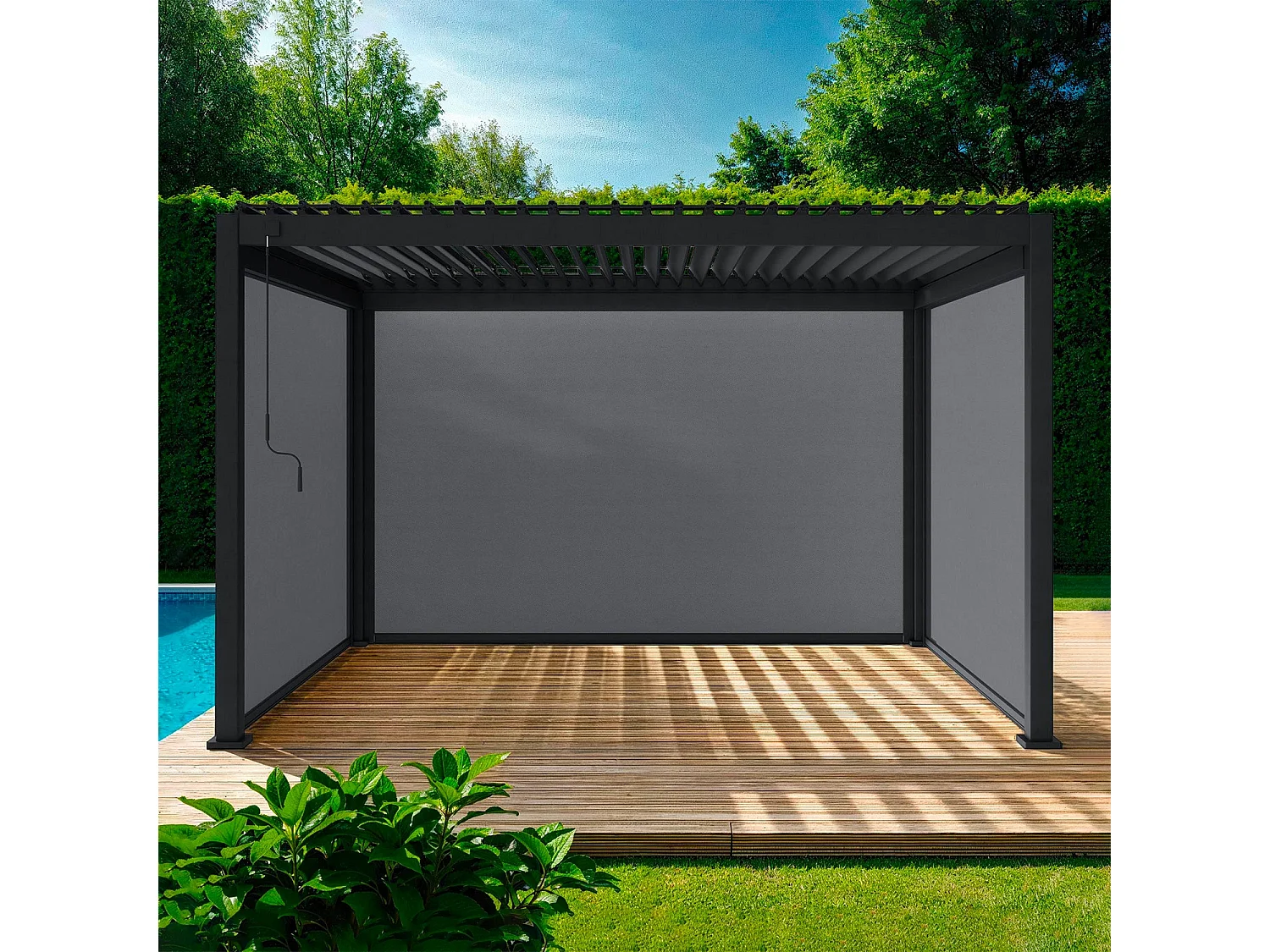 Pergola bioclimatique en aluminium. lames orientables 3x4m + 2 stores 3m + 1 store 4m TRIOMPHE anthracite