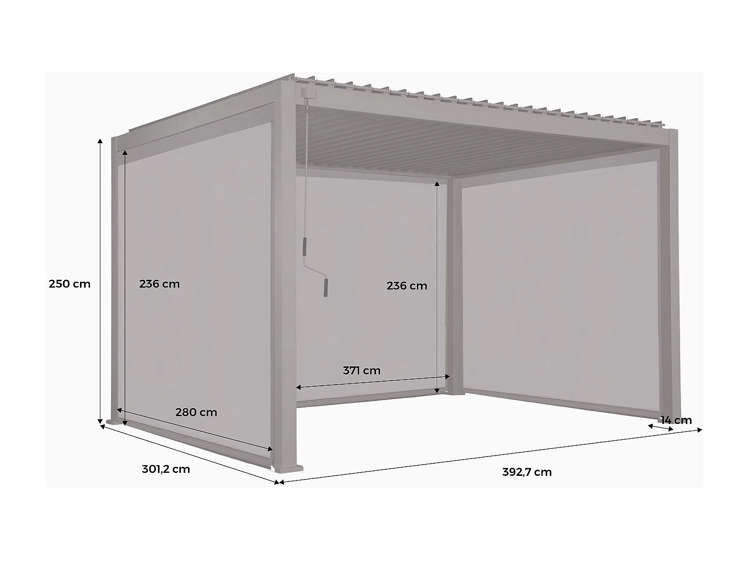 Pergola bioclimatica 3x4m in alluminio + 2 tende da 3m + 1 tenda da 4m