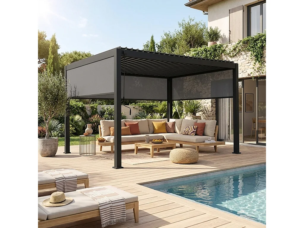 Pergola bioclimatica 3x4m in alluminio + 2 tende da 3m + 1 tenda da 4m