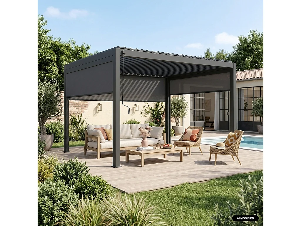 Pergola bioclimatica 3x4m in alluminio + 2 tende da 3m + 1 tenda da 4m