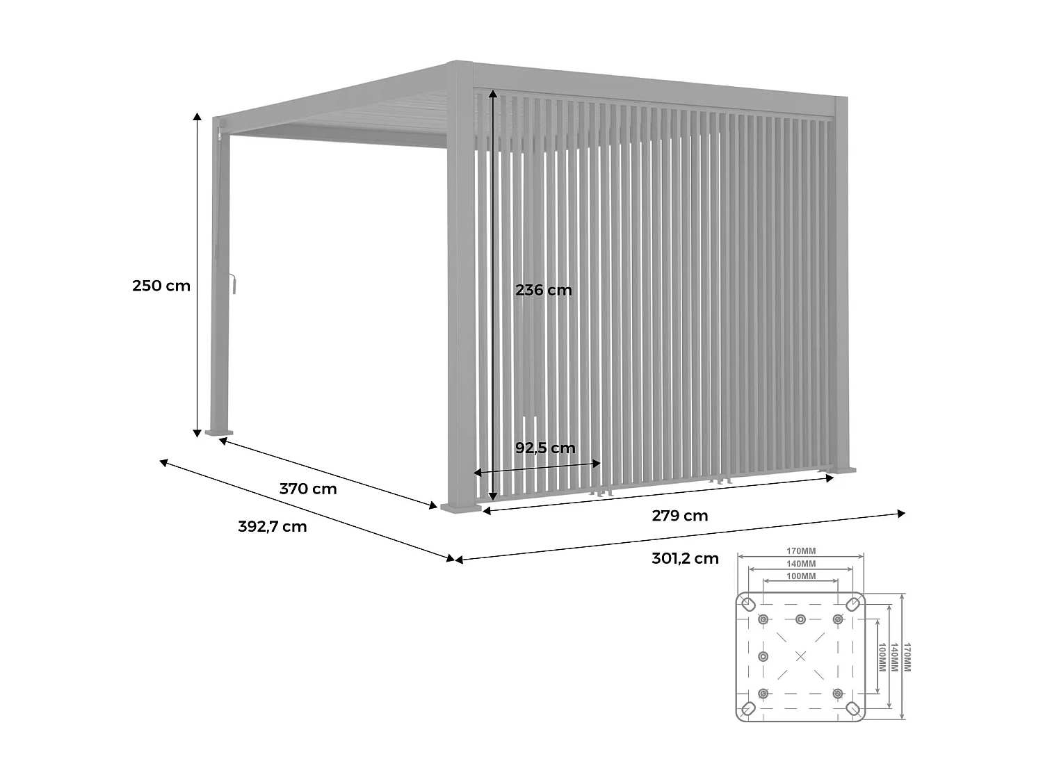 Pérgola bioclimática de aluminio 3x4m + 3 persianas verticales 100cm