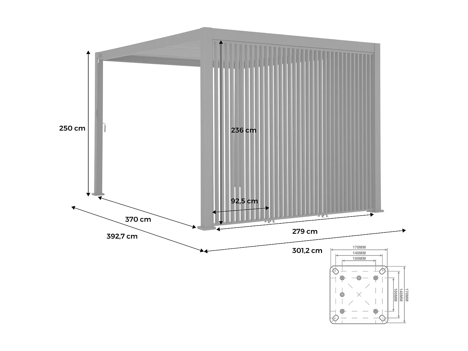 Pérgola bioclimática de aluminio 3x4m + 3 persianas verticales 100cm
