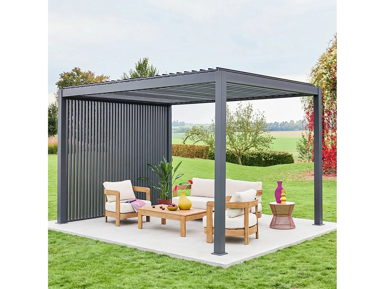 Pérgola bioclimática de aluminio 3x4m + 3 persianas verticales 1m