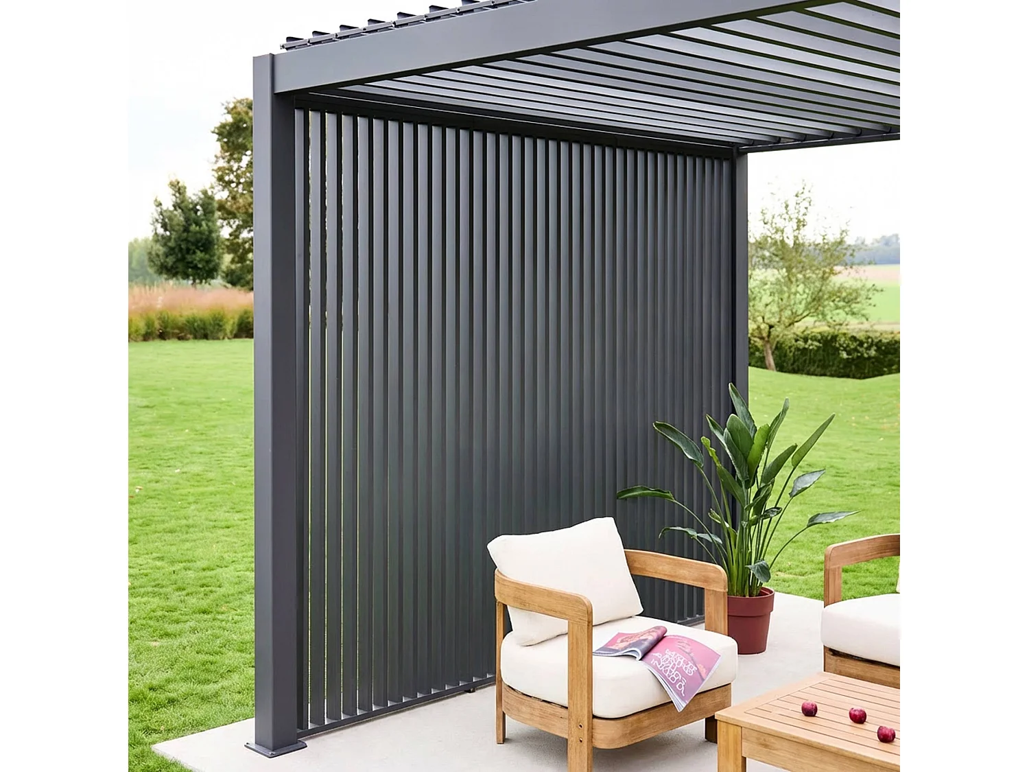 Pérgola bioclimática de aluminio 3x4m + 3 persianas verticales 1m