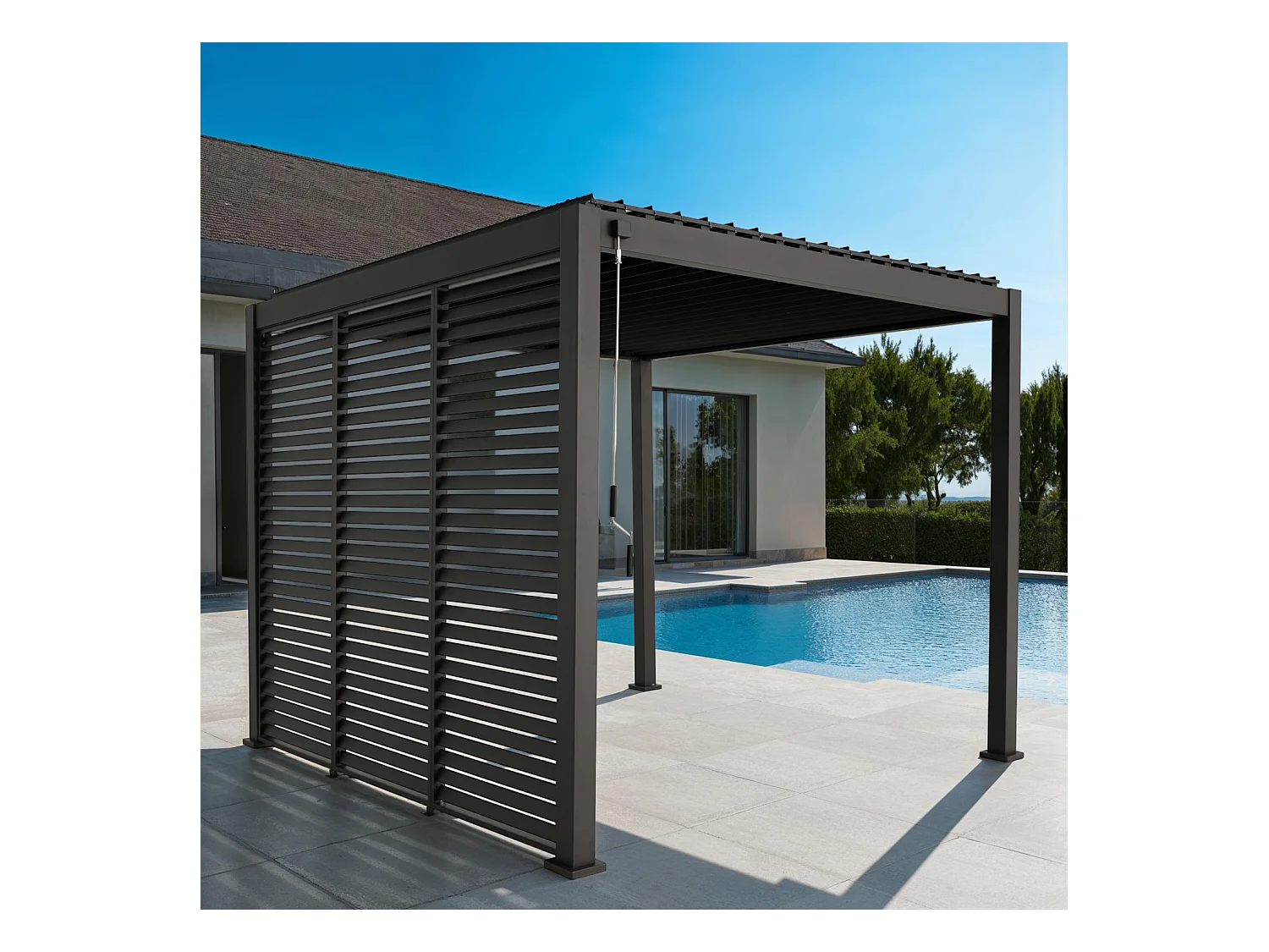 Pergola bioclimatique aluminium 3x3 m V2 lames orientables + 3 persiennes TRIOMPHE anthracite