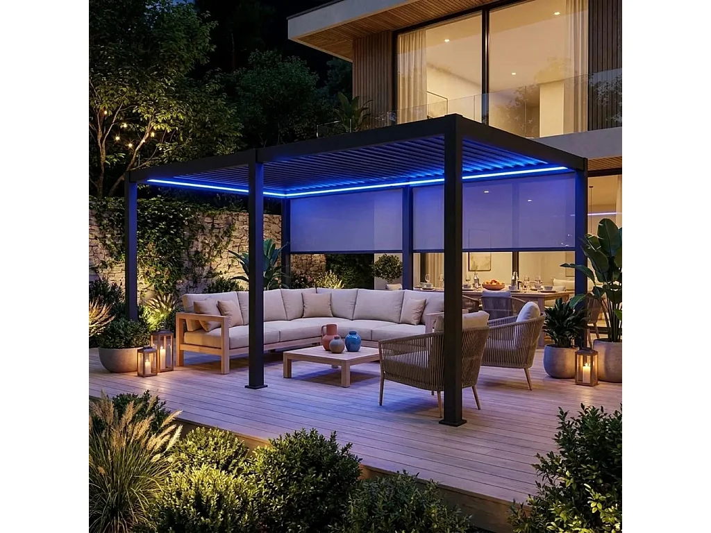 Pérgola bioclimática 3x6m eléctrica de aluminio con led + 2 toldos de