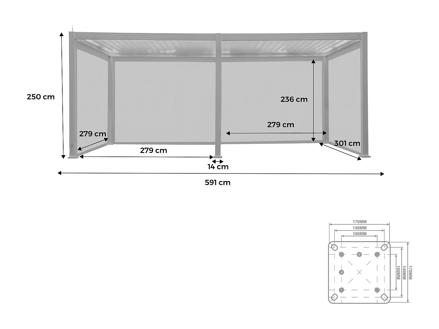 Pérgola bioclimática 3x6m eléctrica de aluminio con led + 4 toldos de