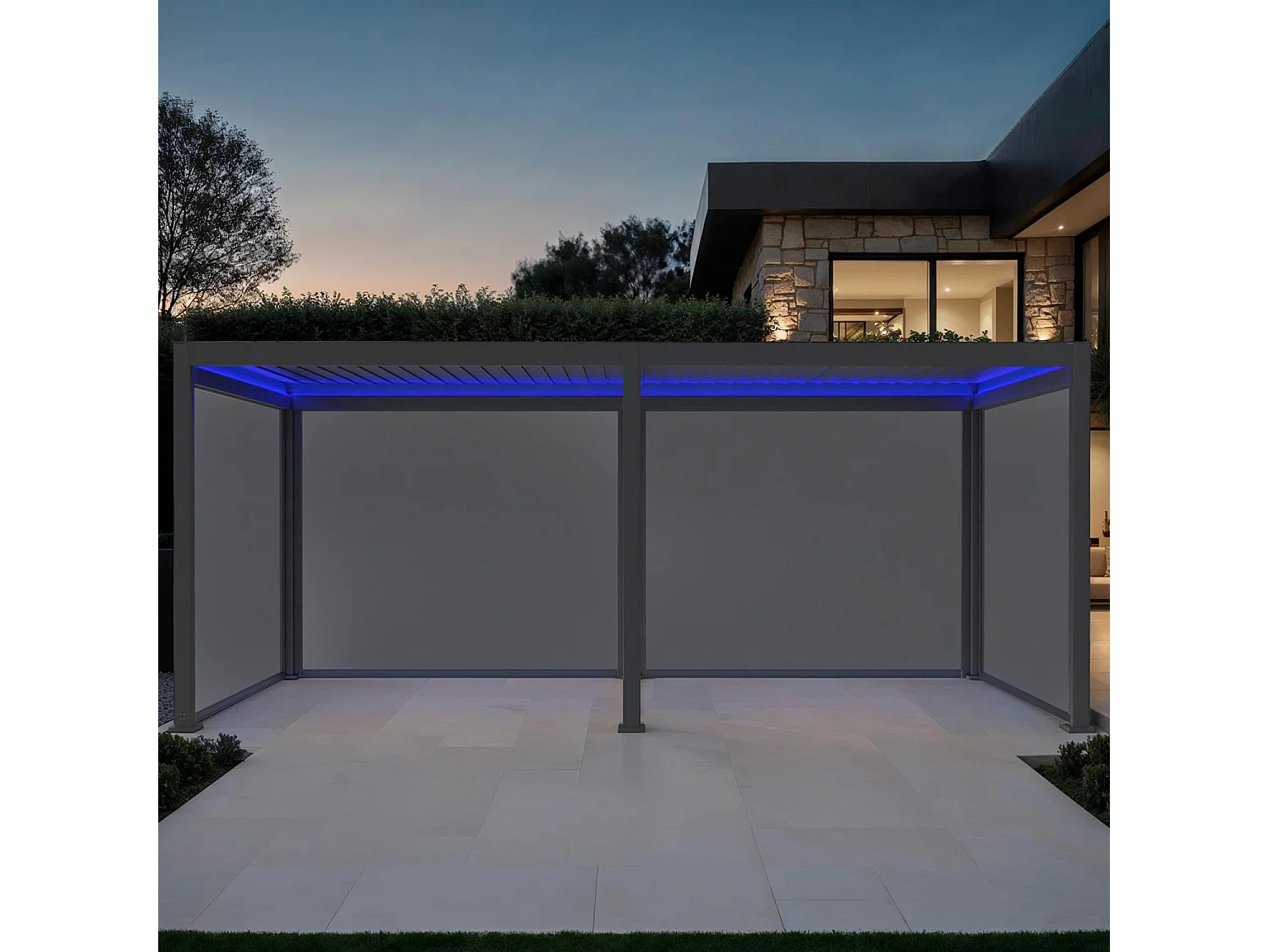 Pergola bioclimatica 3x6m elettrica in alluminio con led + 4 tende 3m,
