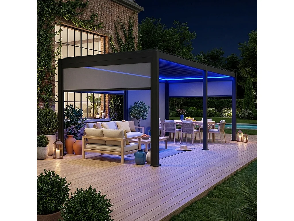 Pergola bioclimatica 3x6m elettrica in alluminio con led + 4 tende 3m,