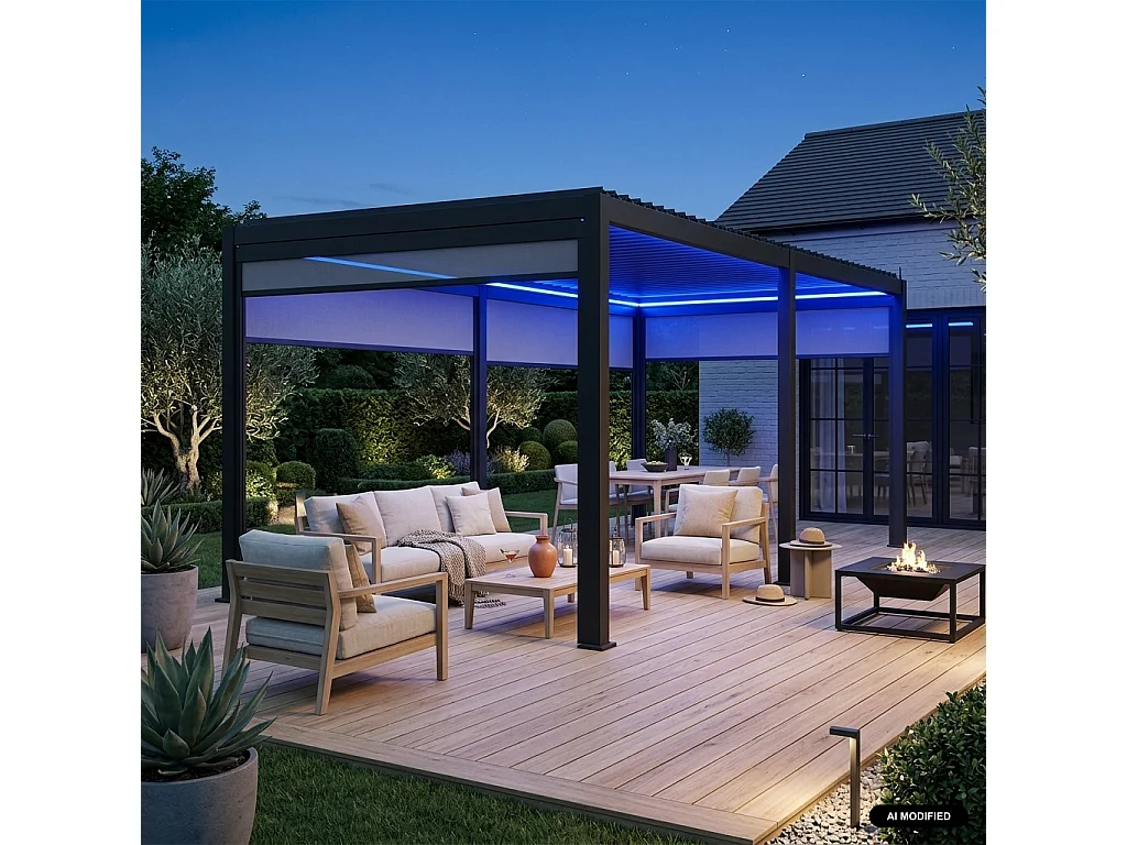 Pergola bioclimatica elettrica 3x6m in alluminio con led + 4 tende 3m,