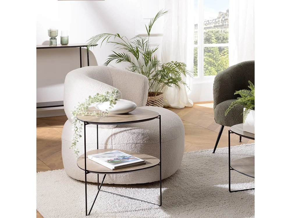 JULIA - Table d'appoint 2 plateaux ovoïdes bois marron pieds métal