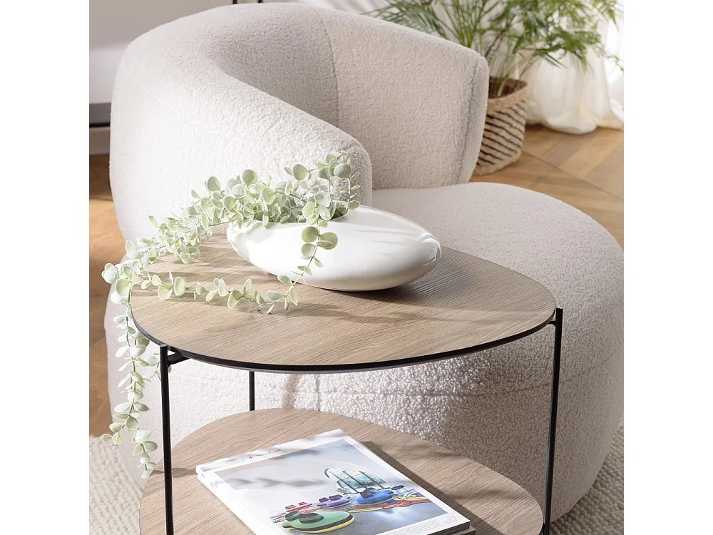 JULIA - Table d'appoint 2 plateaux ovoïdes bois marron pieds métal