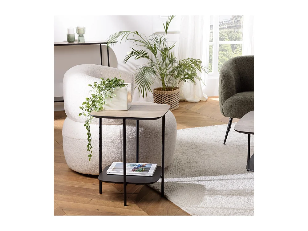 JULIA - Table d'appoint 2 plateaux bi-matière mocha/noir pieds métal