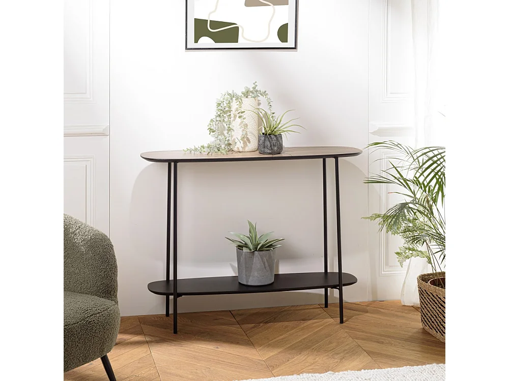 JULIA - Console 2 plateaux 100x30cm bi-matière marron/noir pieds métal