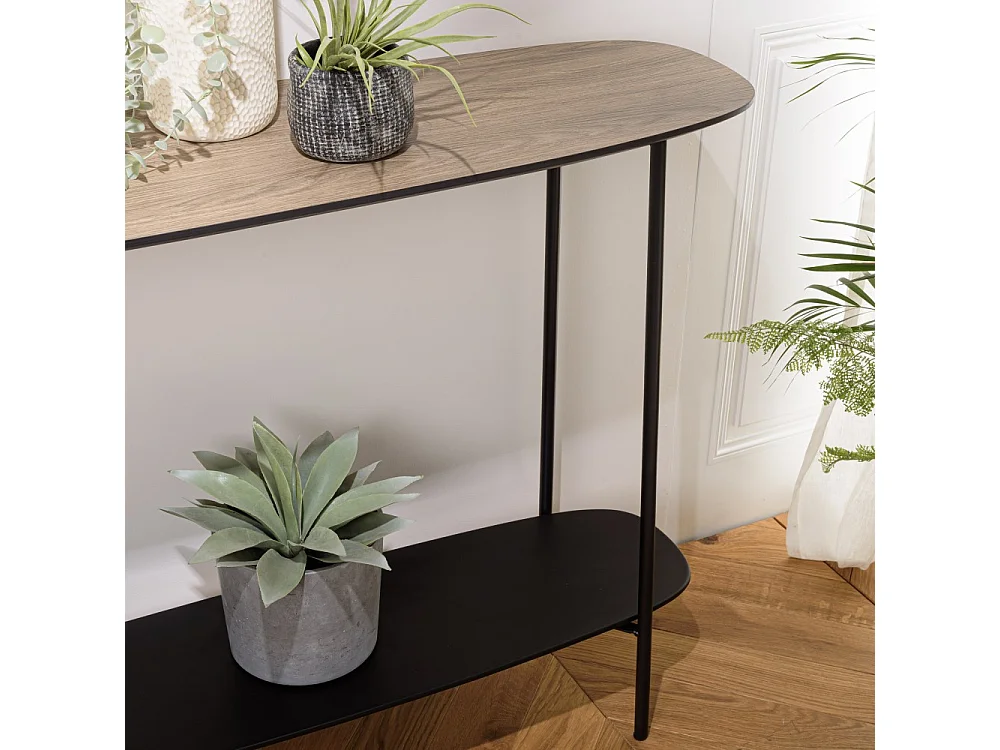 JULIA - Console 2 plateaux 100x30cm bi-matière marron/noir pieds métal