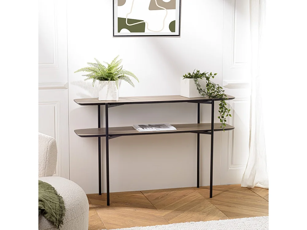 JULIA - Console double plateau marron 120x33cm bois pieds métal noir