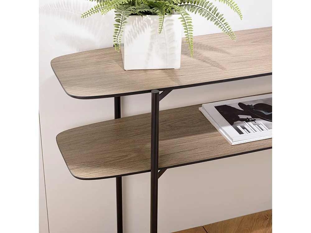 JULIA - Console double plateau marron 120x33cm bois pieds métal noir