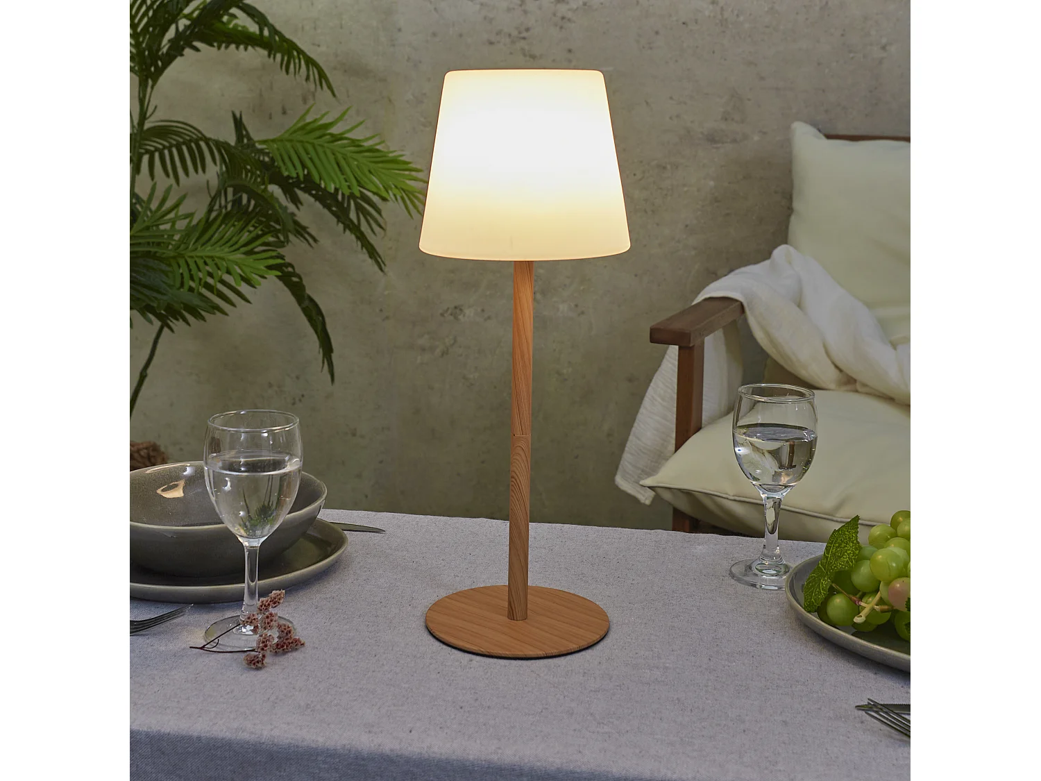 Lampe Effet Bois Rechargeable Ip44 H40cm Blanc, Marron