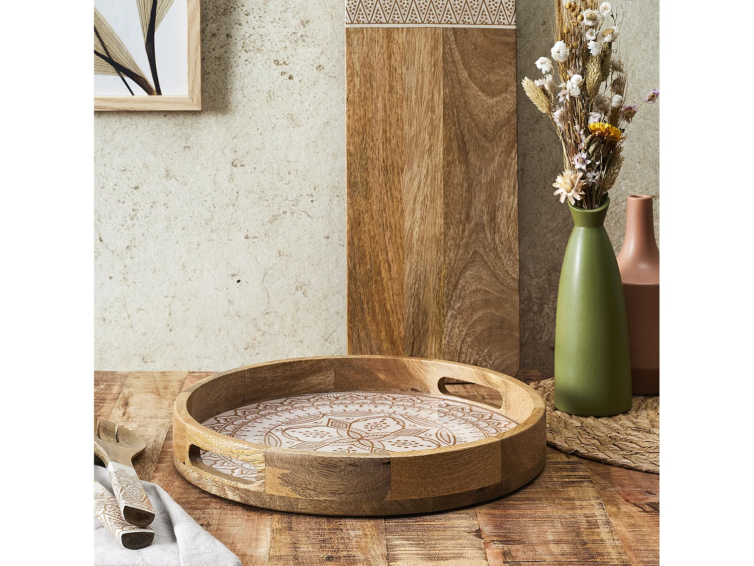 Plateau Rond Manguier Dune Terracotta D35 Marron, Blanc, Orange