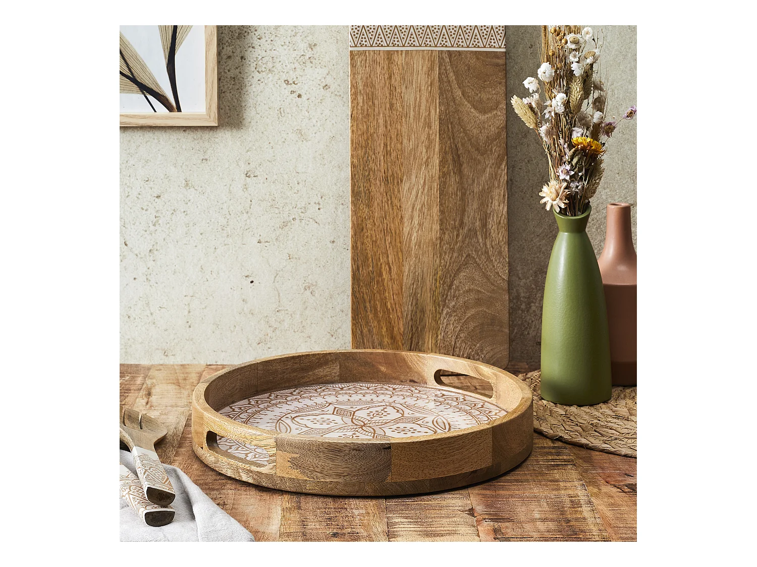 Plateau Rond Manguier Dune Terracotta D35 Marron, Blanc, Orange