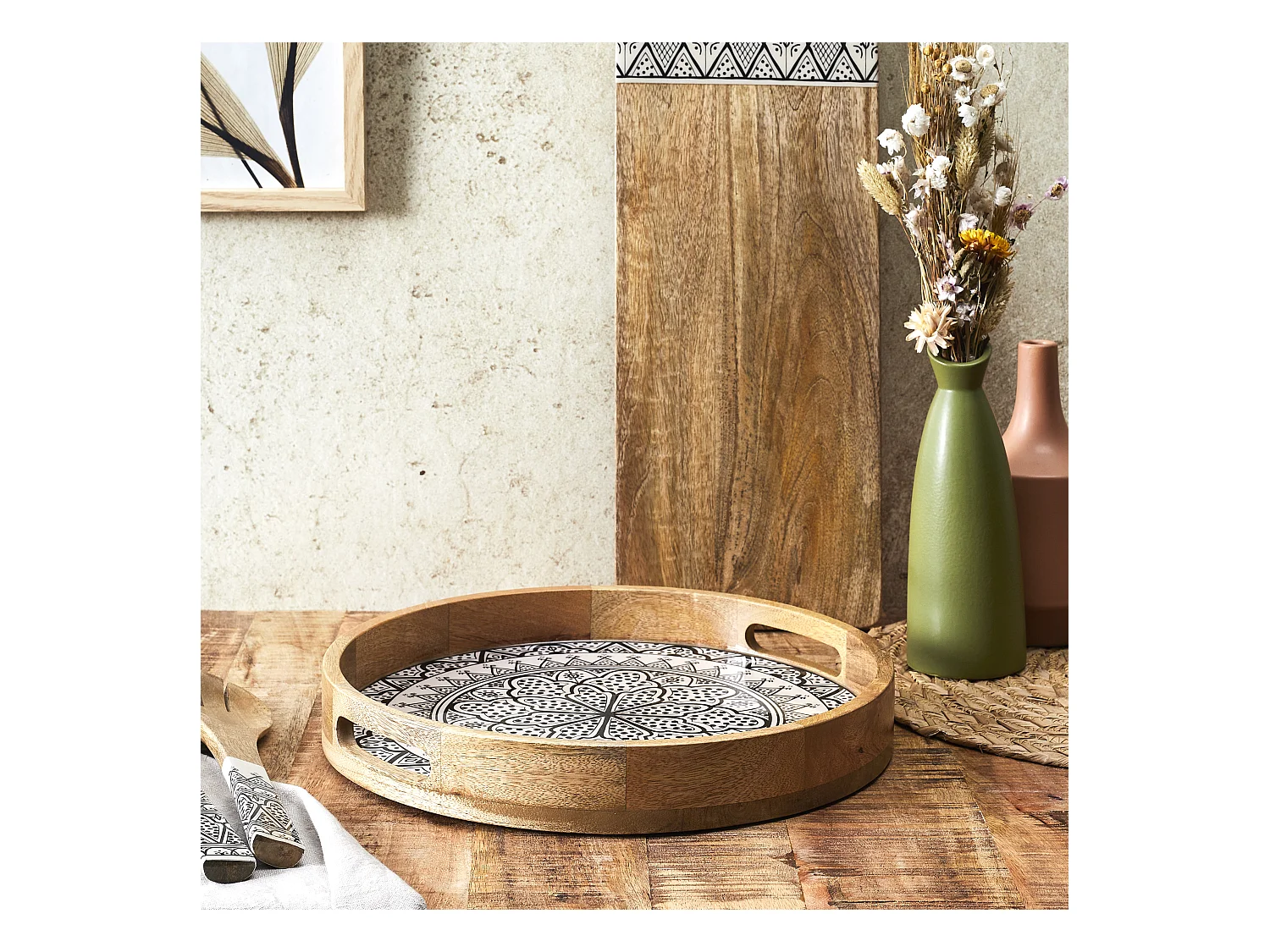 Plateau Rond Manguier Dune Noir D35 Marron, Blanc, Noir