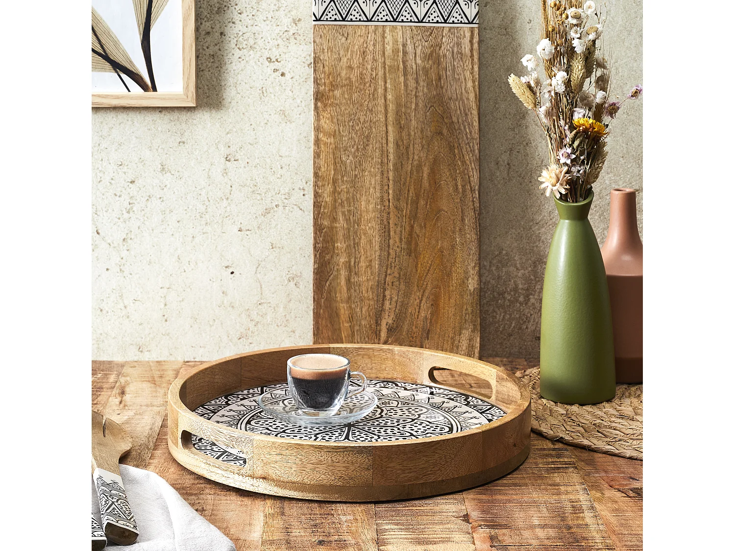 Plateau Rond Manguier Dune Noir D35 Marron, Blanc, Noir