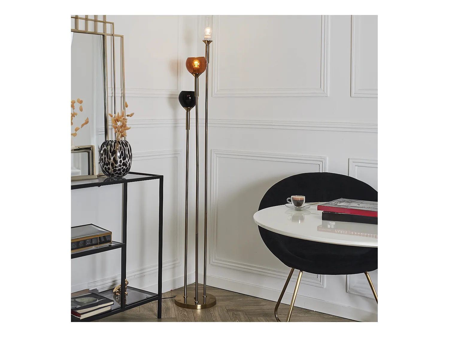 Lampadaire Tripod Verre Fume Noir, Orange, Blanc