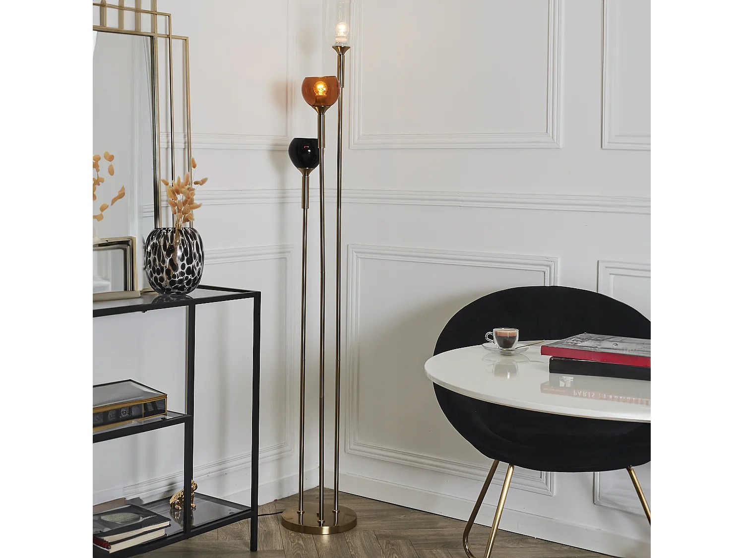 Lampadaire Tripod Verre Fume Noir, Orange, Blanc