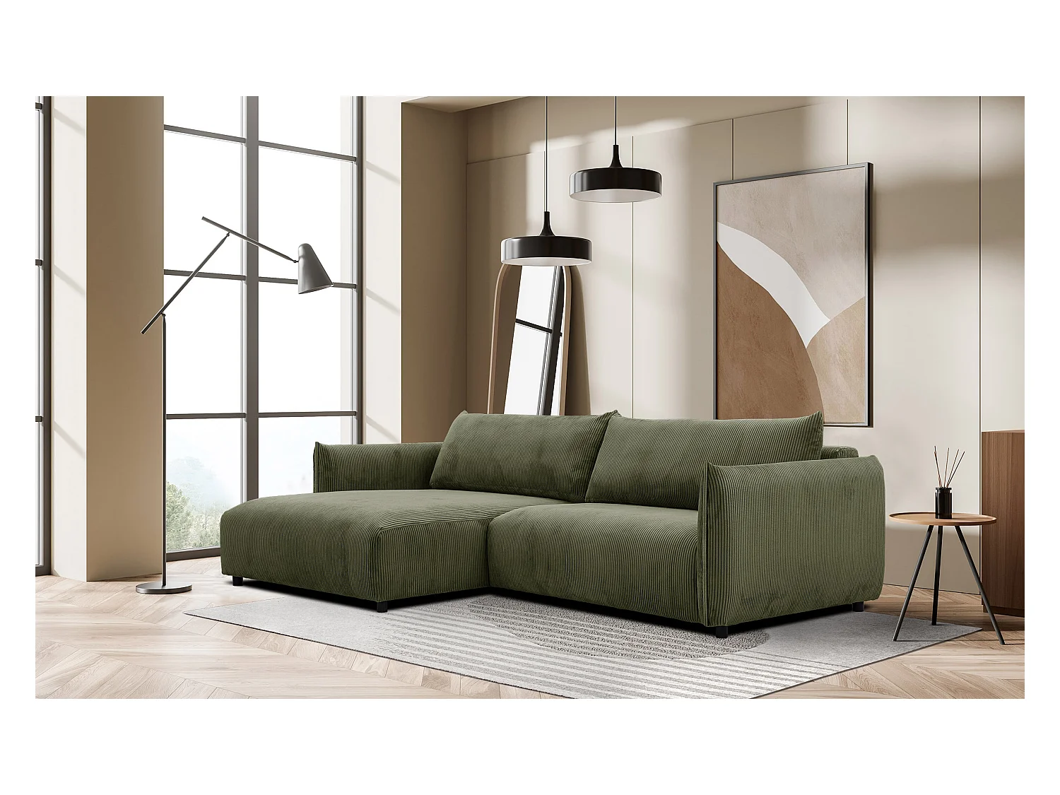 Canapé d'angle gauche 4 places tissu vert olive - TAUER