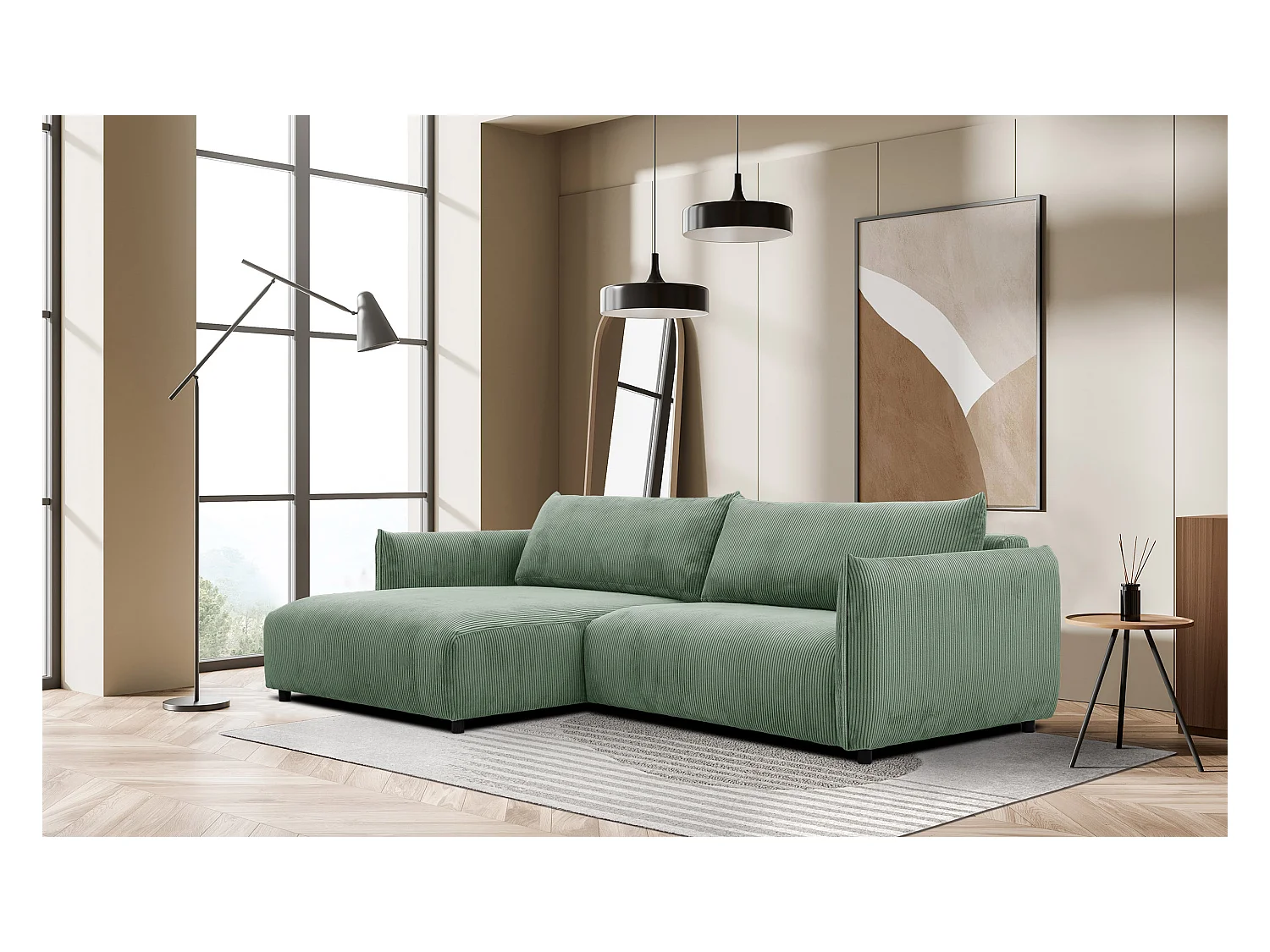 Canapé d'angle gauche 4 places tissu vert menthe - TAUER