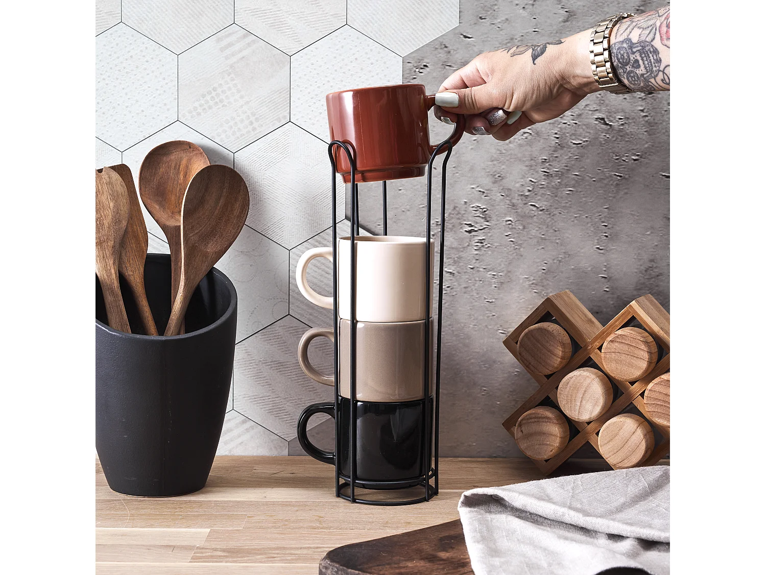 Tasse Unie X4 Avec Support Beige, Marron, Noir, Blanc