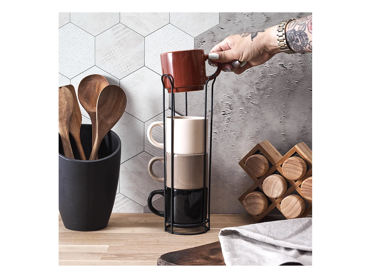 Tasse Unie X4 Avec Support Beige, Marron, Noir, Blanc