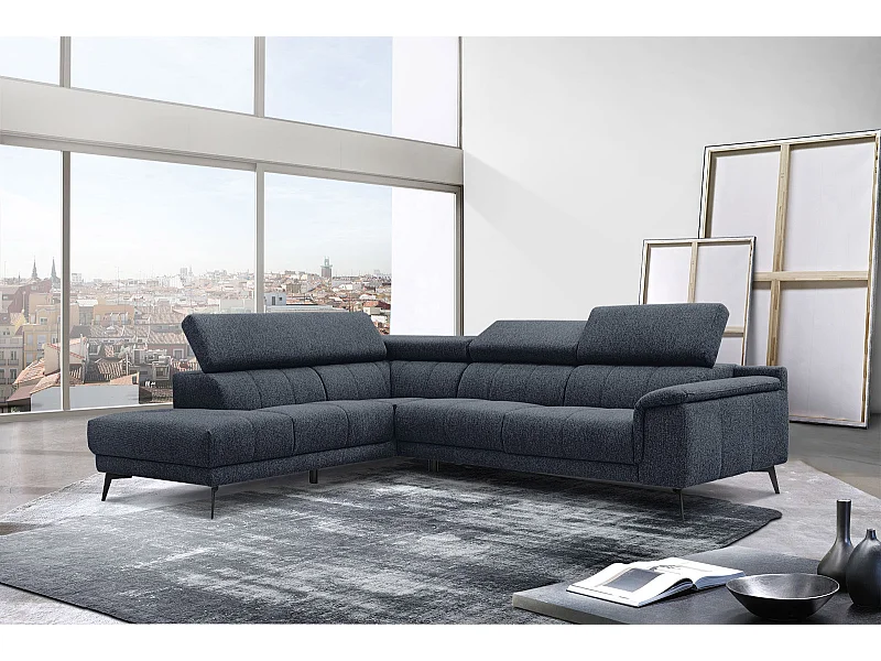 FIERO Ecksofa 5-Sitzer links mit verstellbare Kopfstützen, marineblau