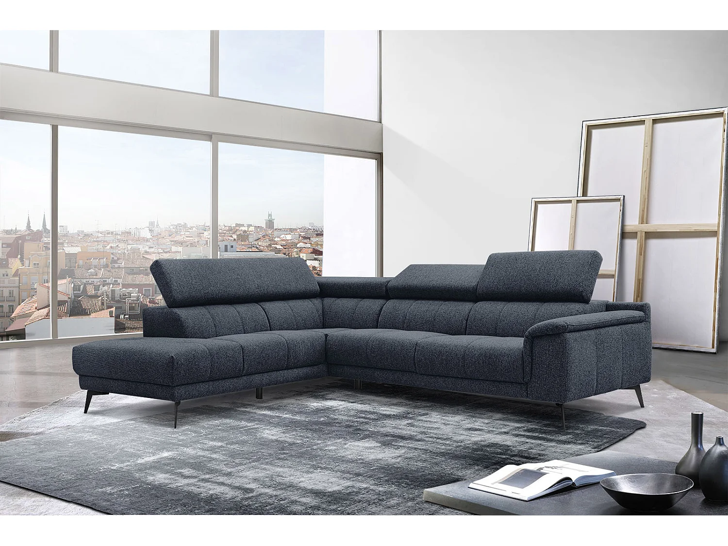 FIERO Ecksofa 5-Sitzer links mit verstellbare Kopfstützen, marineblau