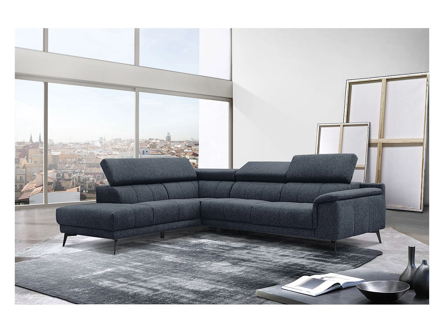 Canapé d'angle gauche 5 places tissu bleu - Fiero