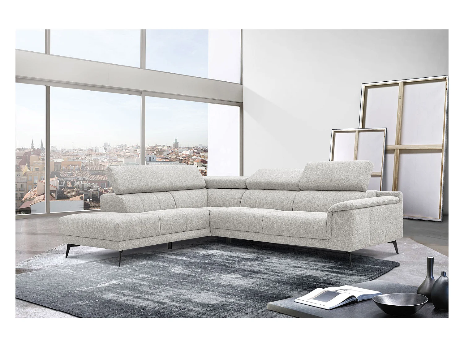 Canapé d'angle gauche 5 places tissu beige - Fiero