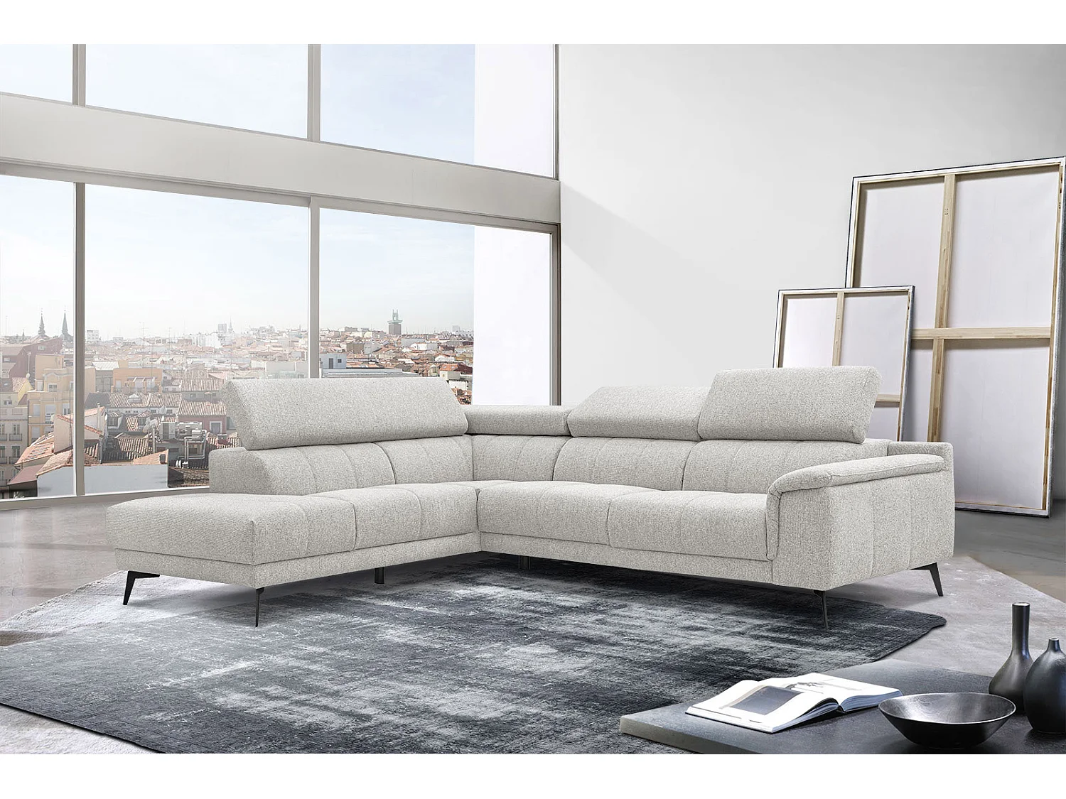 FIERO Ecksofa 5-Sitzer links mit verstellbare Kopfstützen, creme