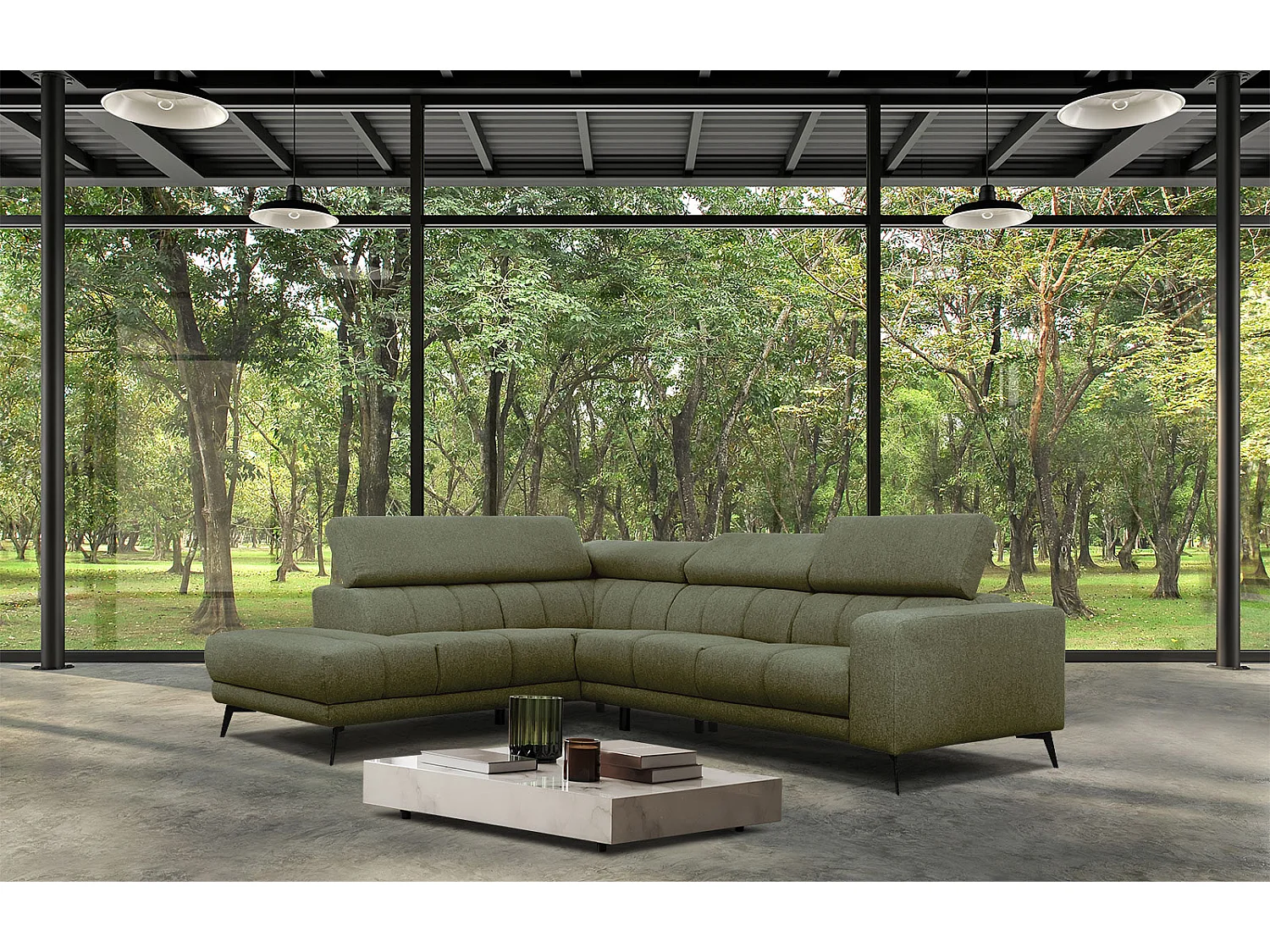 MORELLO Ecksofa 5-Sitzer links mit verstellbare Kopfstützen, olive