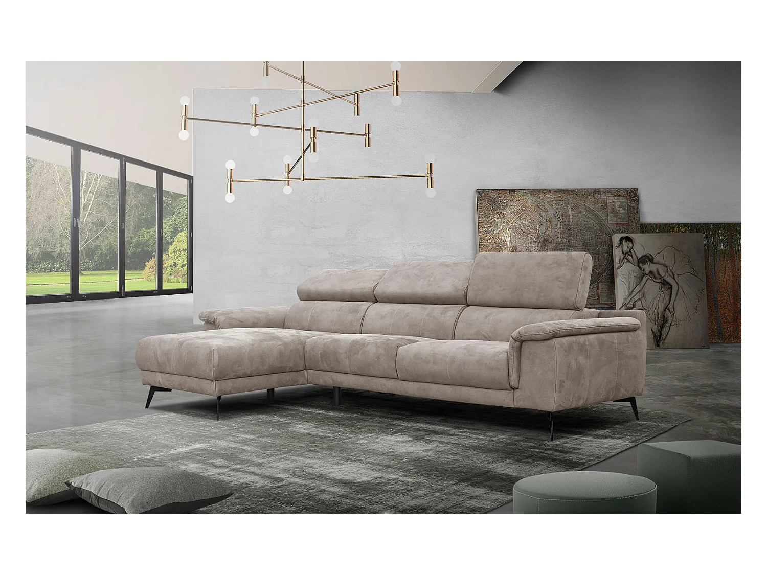FIERO Ecksofa 4-Sitzer links mit verstellbare Kopfstützen, beige